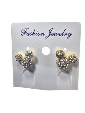 Crystal Stud Earrings Mickey Mouse Shape Gold Tone Fashion Jewelry Women